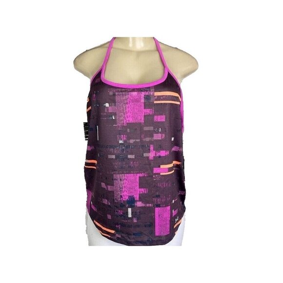 Under Armour L Pink-Navy Geometric Mesh Racerback Heatgear Halter Neckline Tank - Picture 2 of 6
